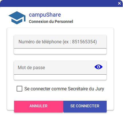 Écran de connexion du personnel campuShare