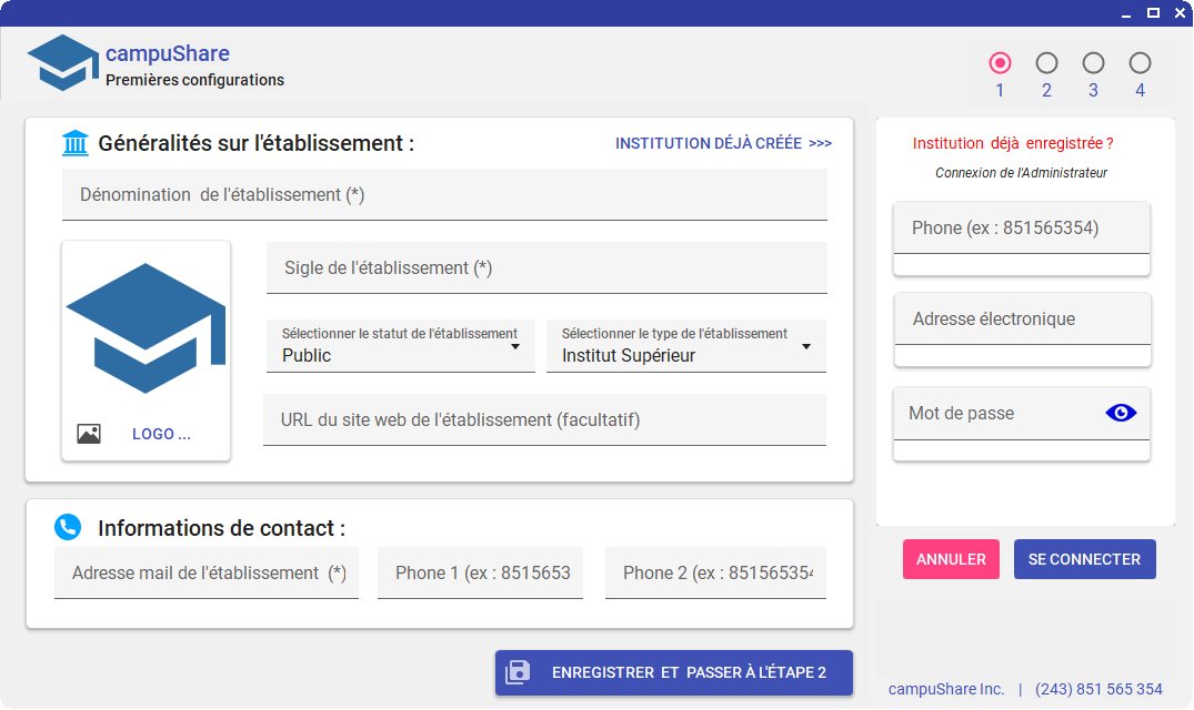 Écran de premières configurations campuShare