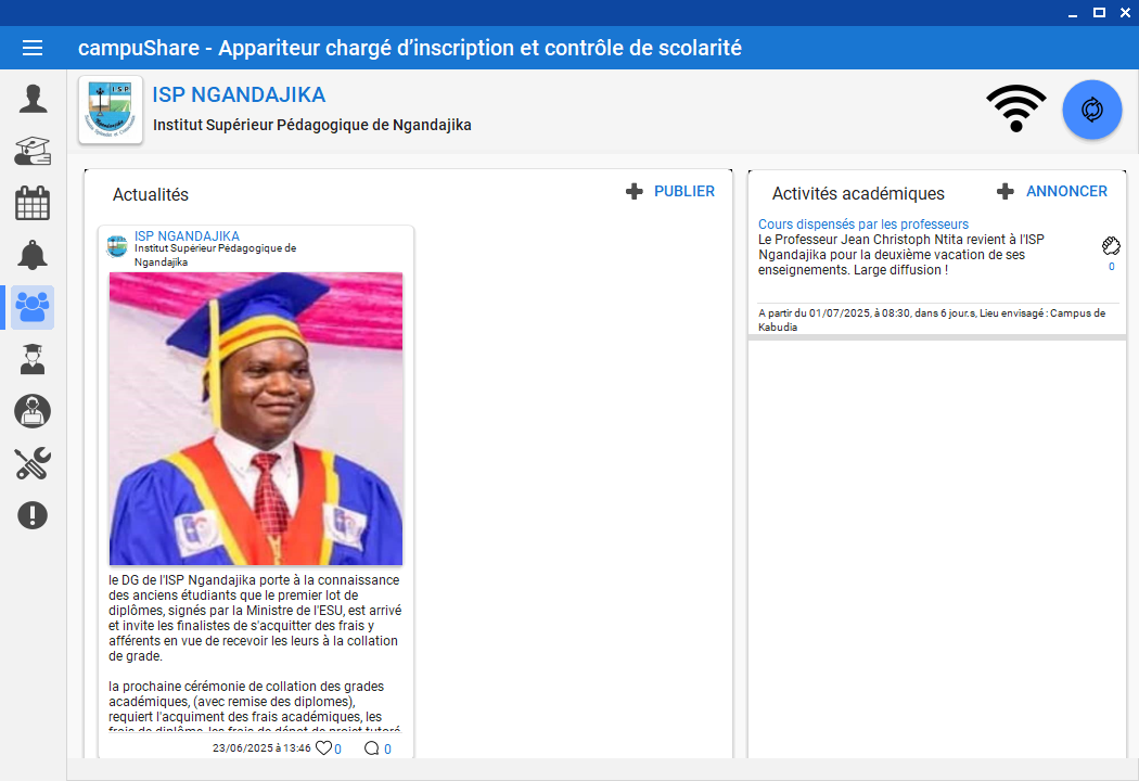 Écran des actualités et activités académiques campuShare