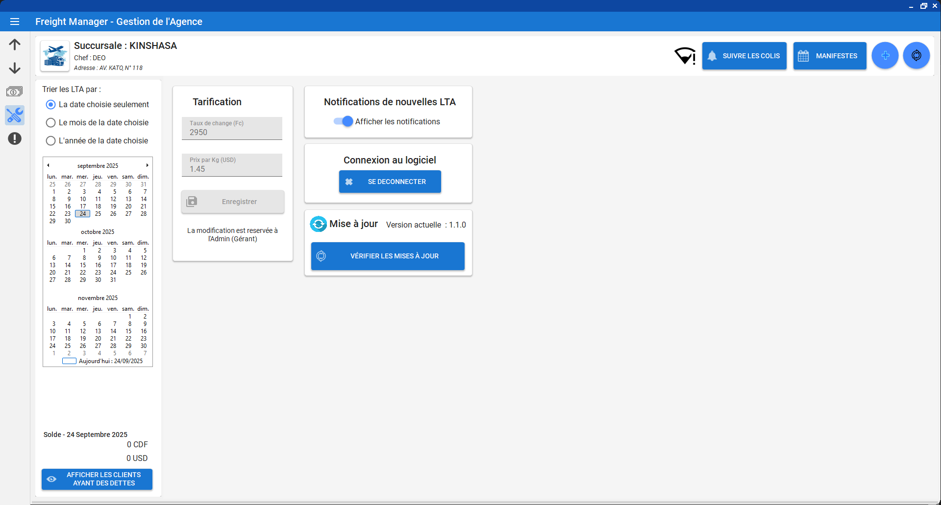 Tableau de bord du logiciel Freight Manager