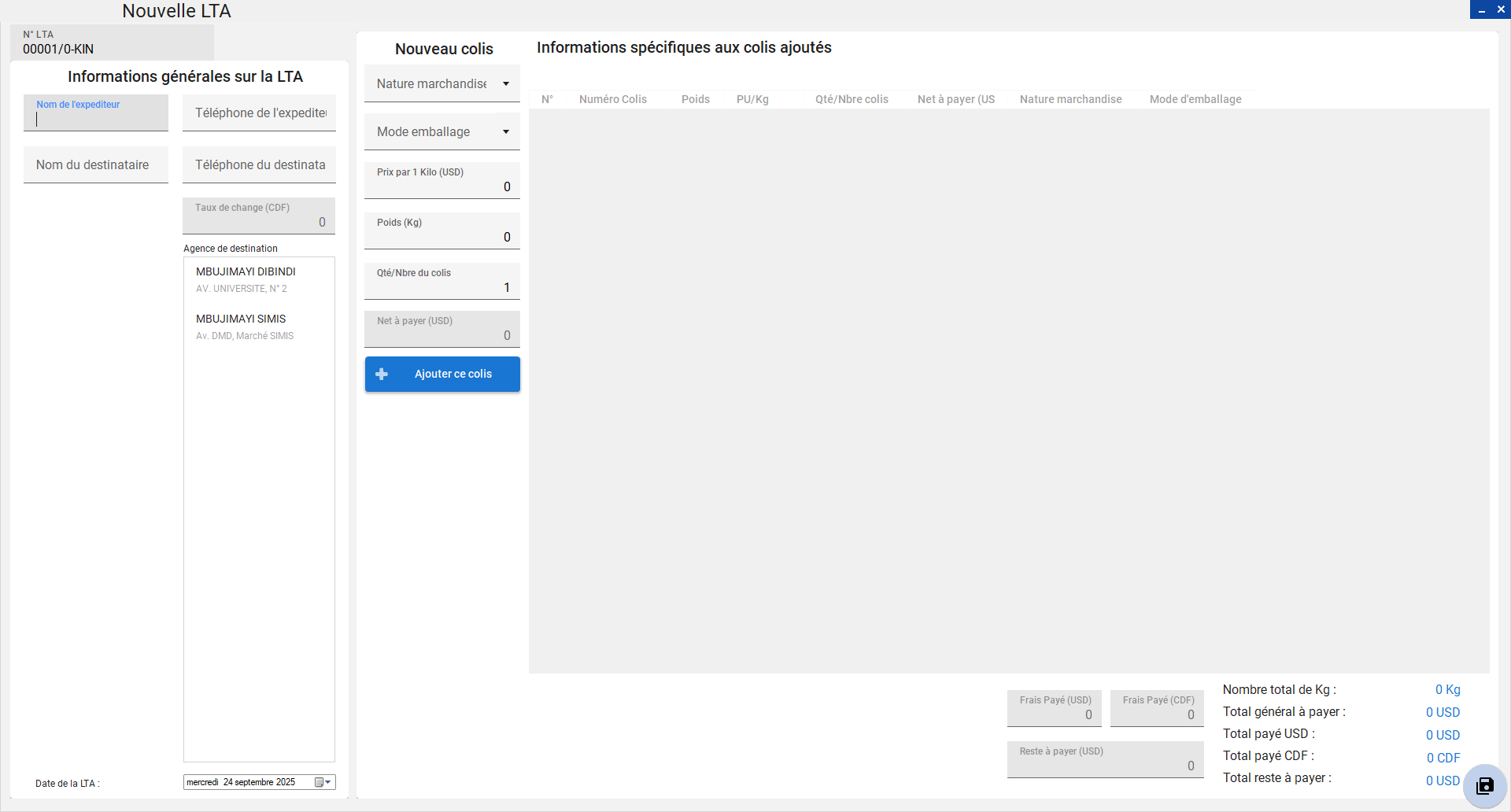 Interface de création d'une nouvelle LTA dans Freight Manager