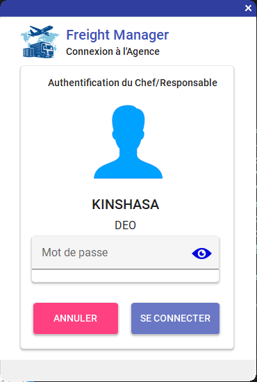 Écran d'authentification du logiciel Freight Manager
