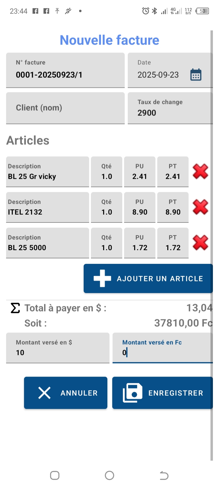 Écran de création d'une nouvelle facture posApp