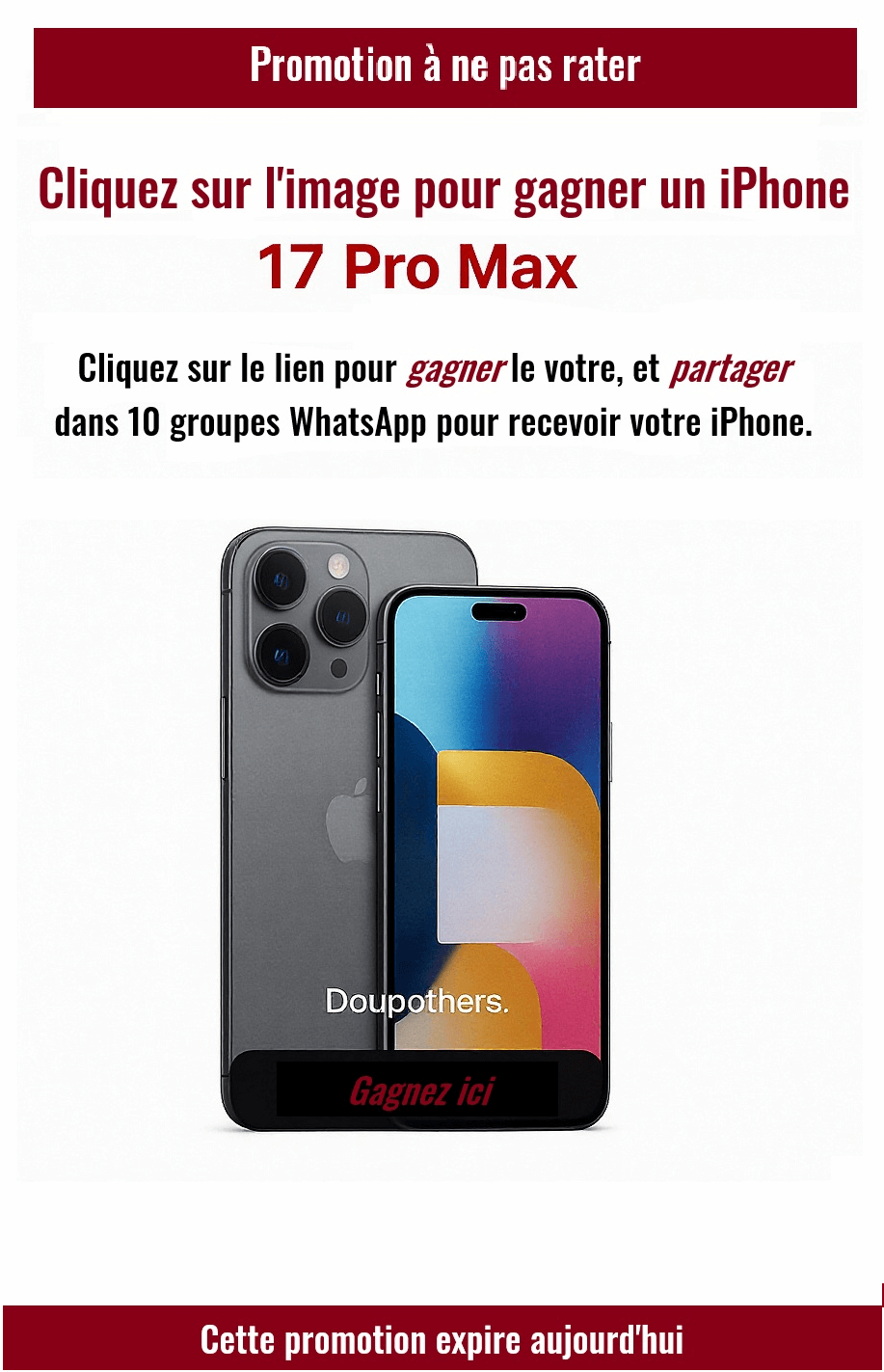 Capture d'écran d'une arnaque 'Gagnez un prix' sur mobile