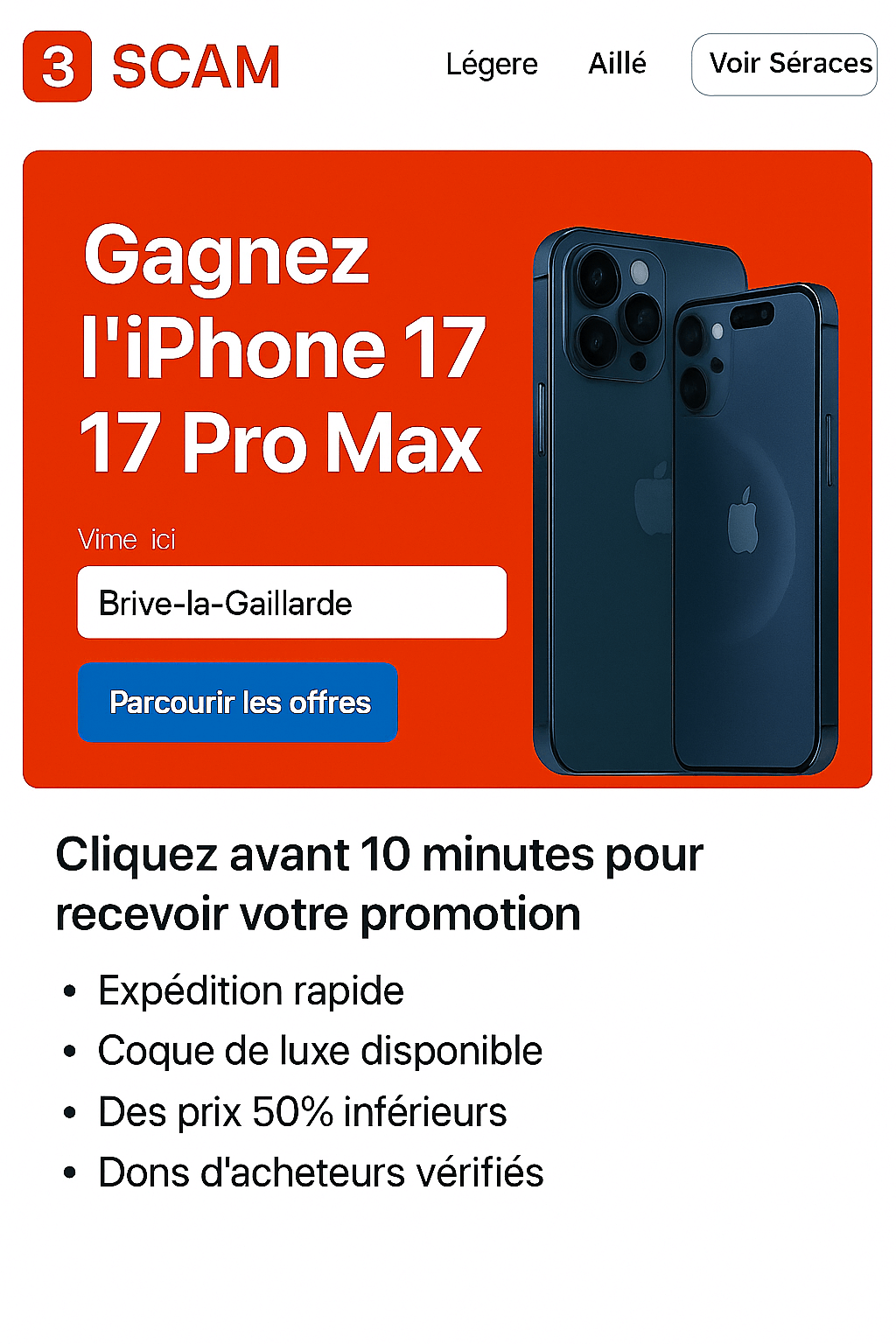 Capture d'écran d'une arnaque 'Gagnez un prix' sur mobile